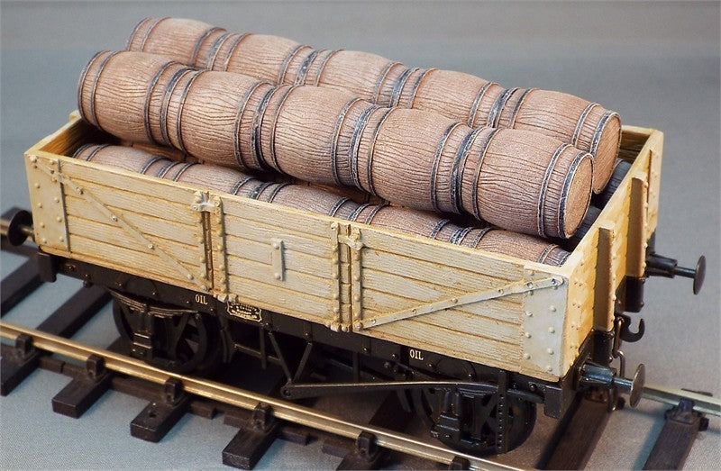 5 lines of 5 medium wooden barrels laid end-to-end